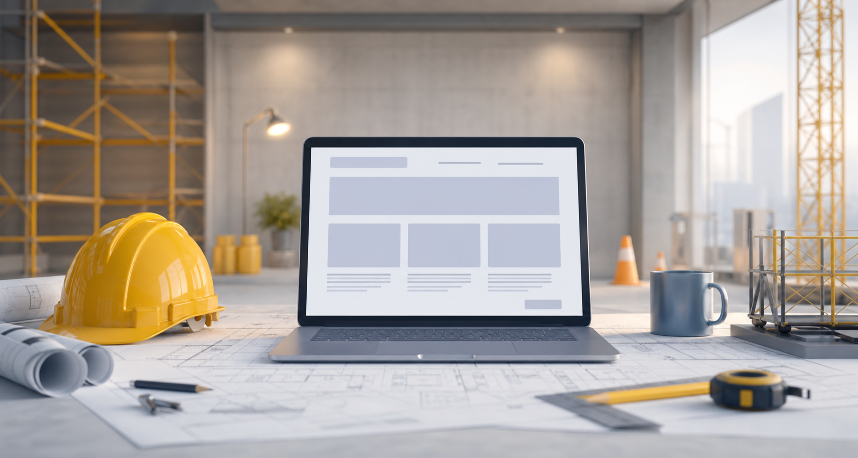 Construction workspace with a laptop showing a website layout